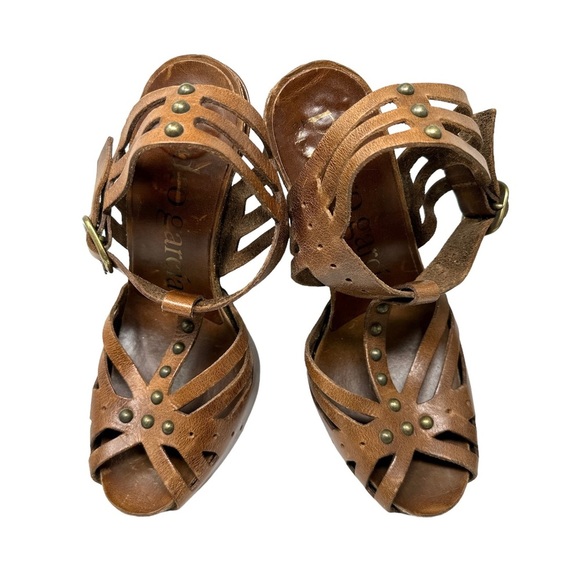 Pedro Garcia Designer Brown Leather Open Toe Studded Cut Out Heels Size 37.5 - Picture 3 of 10